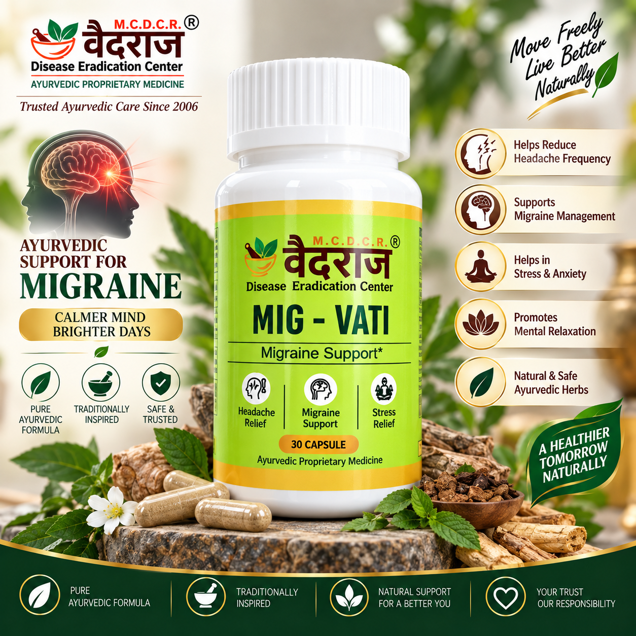 Vaidraj MIG-VATI – Ayurvedic Migraine, Headache & Stress Support | 30 Capsules