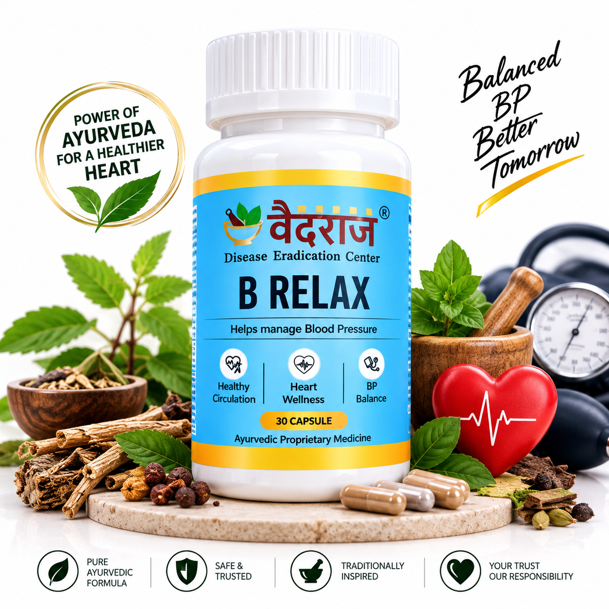 Vaidraj B RELAX – Ayurvedic Blood Pressure, Heart & Stress Support | 30 Capsules